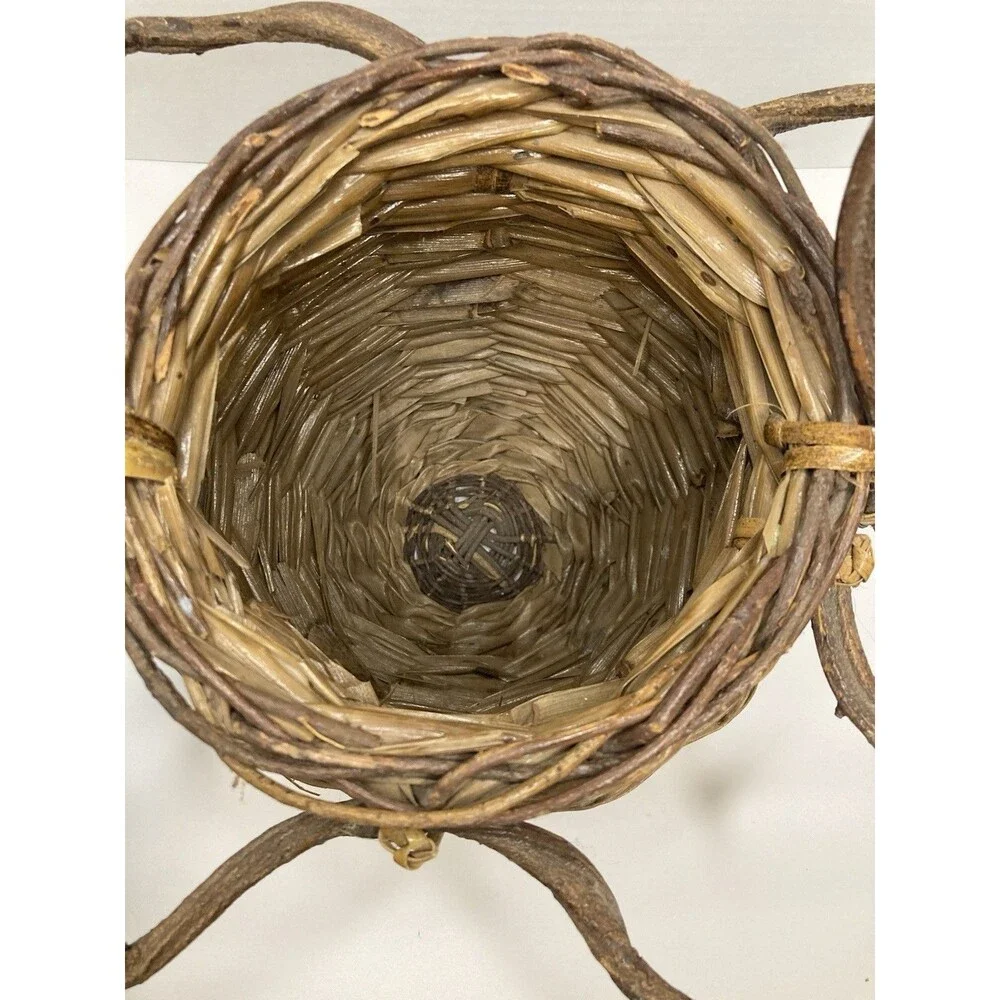 VTG Handmade Rustic Woven Twig Vine Wood Basket Tall Round Primitive Kitsch